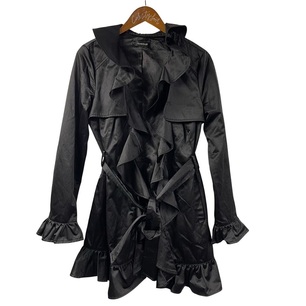 BEBE Shiny Ruffle Trench Coat Black Vintage Small Belted Vampy Punk Y2K